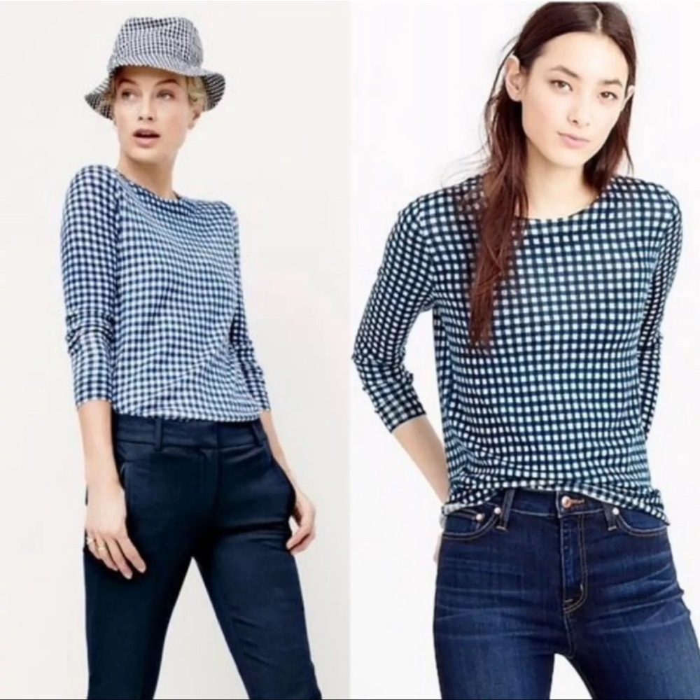 JCrew blue gingham check merino wool sweater